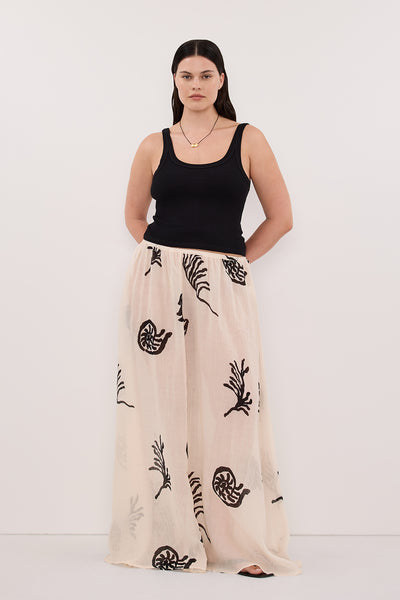 Jasmine wearing POSITANO SANDSTONE RAMIE MIDI SKIRT