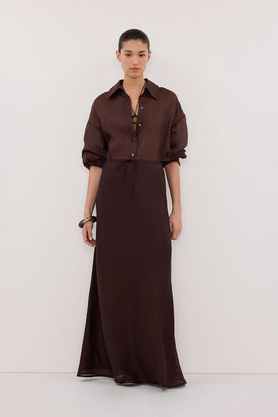 Aude wearing MAISON BURNT CHOC RAMIE BIAS MAXI SKIRT
