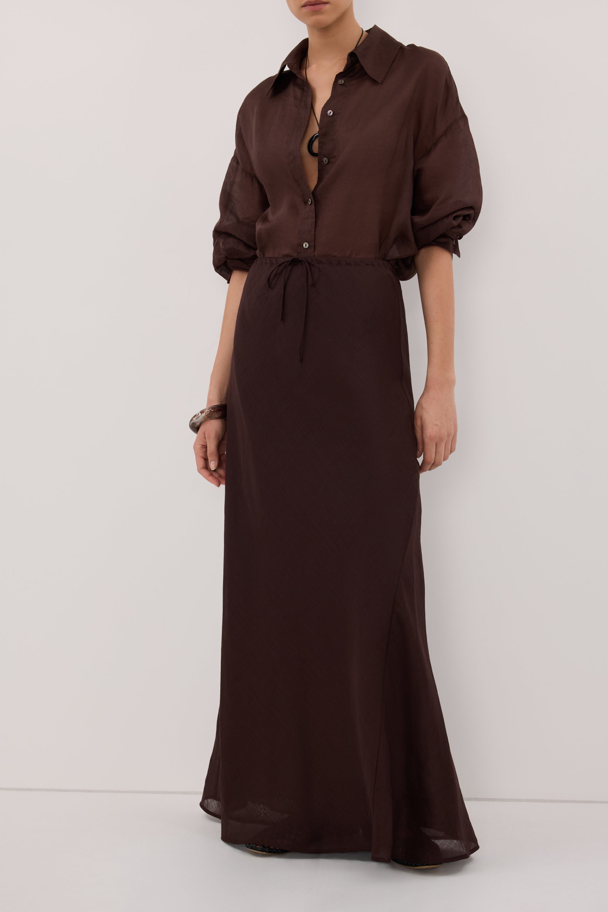 MAISON BURNT CHOC RAMIE BIAS MAXI SKIRT
