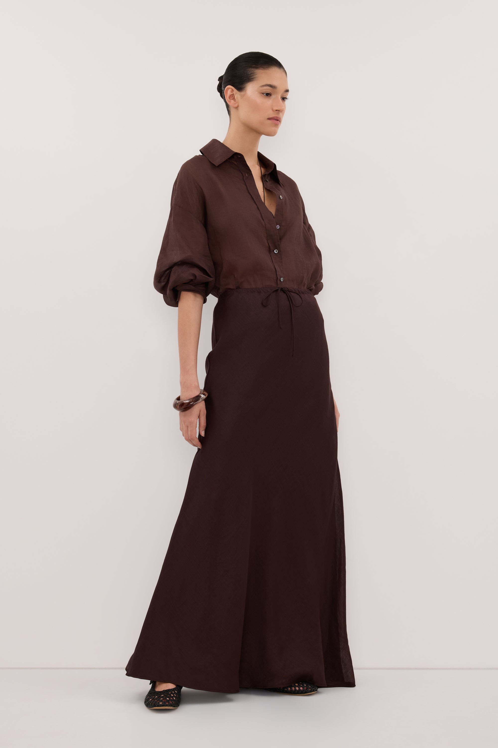 MAISON BURNT CHOC RAMIE BIAS MAXI SKIRT