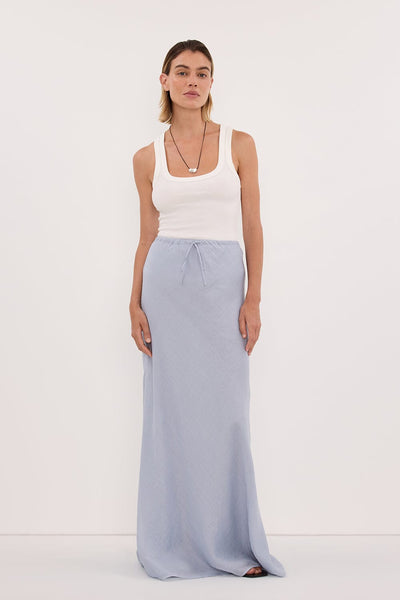 Joanna wearing MAISON DUSTY BLUE RAMIE BIAS MAXI SKIRT