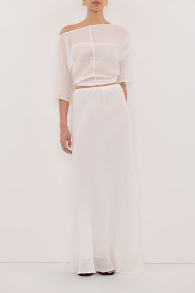 Aude wearing MAISON WHITE RAMIE BIAS MAXI SKIRT