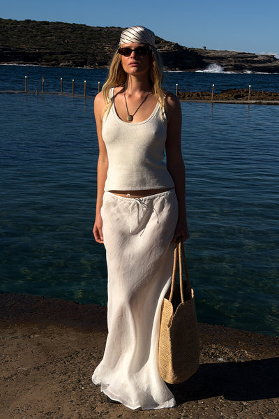 Zoe wearing MAISON WHITE RAMIE BIAS MAXI SKIRT