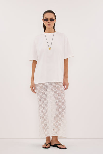 Stas wearing AGNES WHITE CROCHET COLUMN MIDI SKIRT