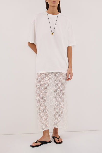 Aude wearing AGNES WHITE CROCHET COLUMN MIDI SKIRT