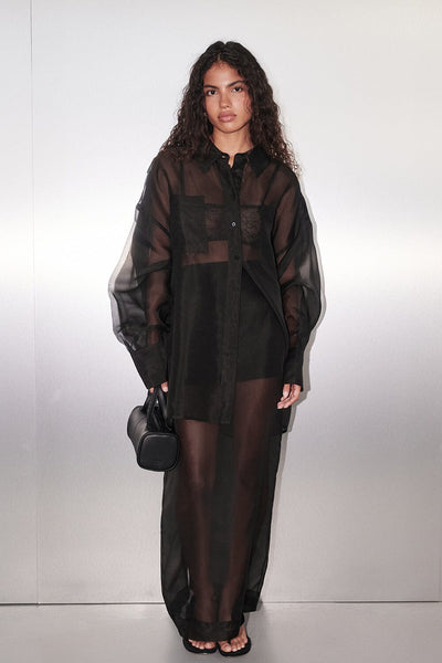 Keilani wearing SIAN BLACK SILK ORGANZA MIDI SKIRT