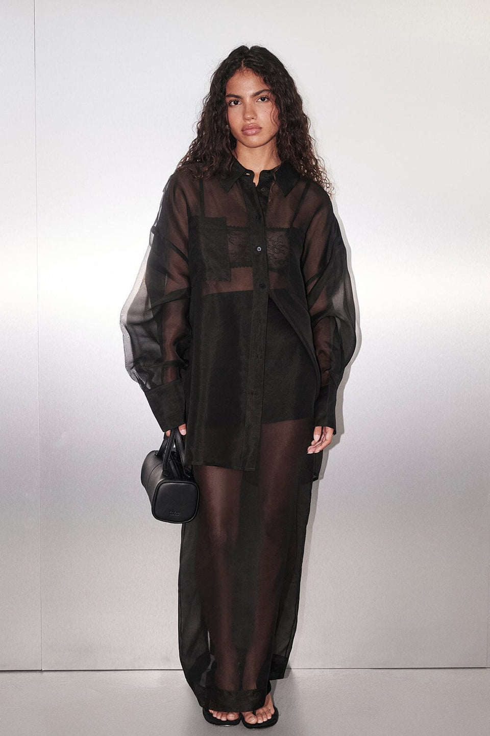 SIAN BLACK SILK ORGANZA MIDI SKIRT