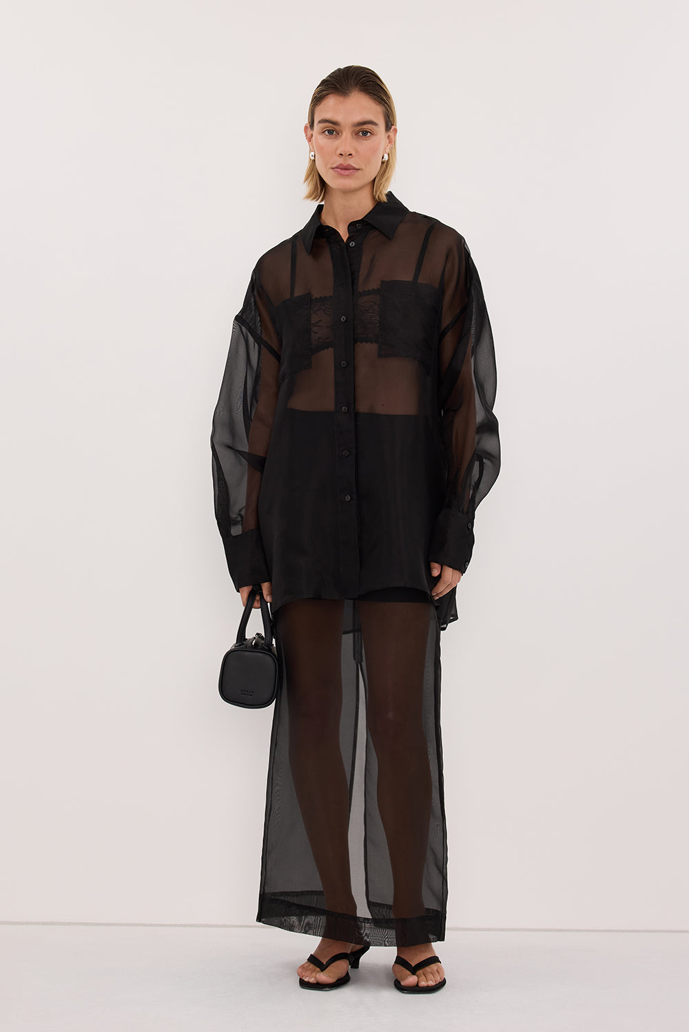 SIAN BLACK SILK ORGANZA MIDI SKIRT