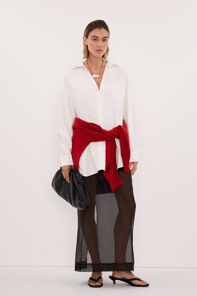 Joanna wearing SIAN BLACK SILK ORGANZA MIDI SKIRT