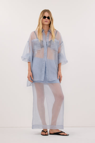 Zoe wearing SIAN DUSTY BLUE SILK ORGANZA MIDI SKIRT
