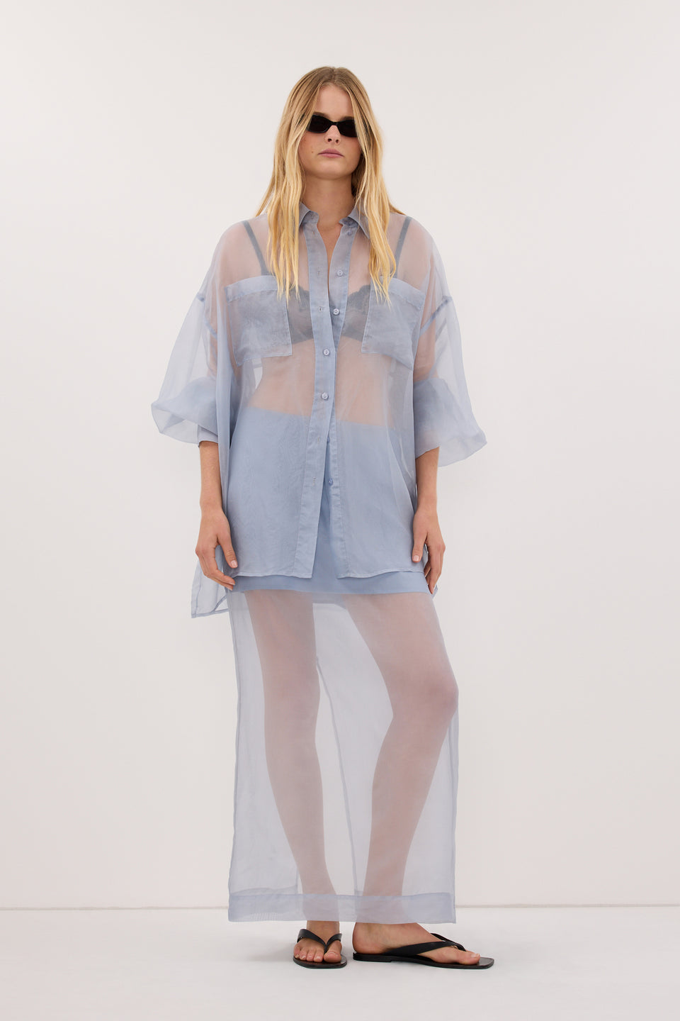 SIAN DUSTY BLUE SILK ORGANZA MIDI SKIRT