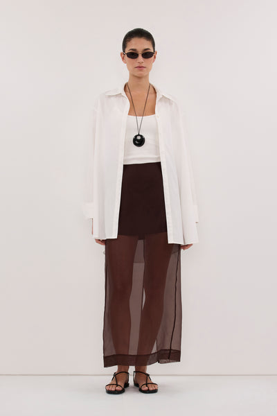 Aude wearing SIAN DARK CHOC SILK ORGANZA MIDI SKIRT