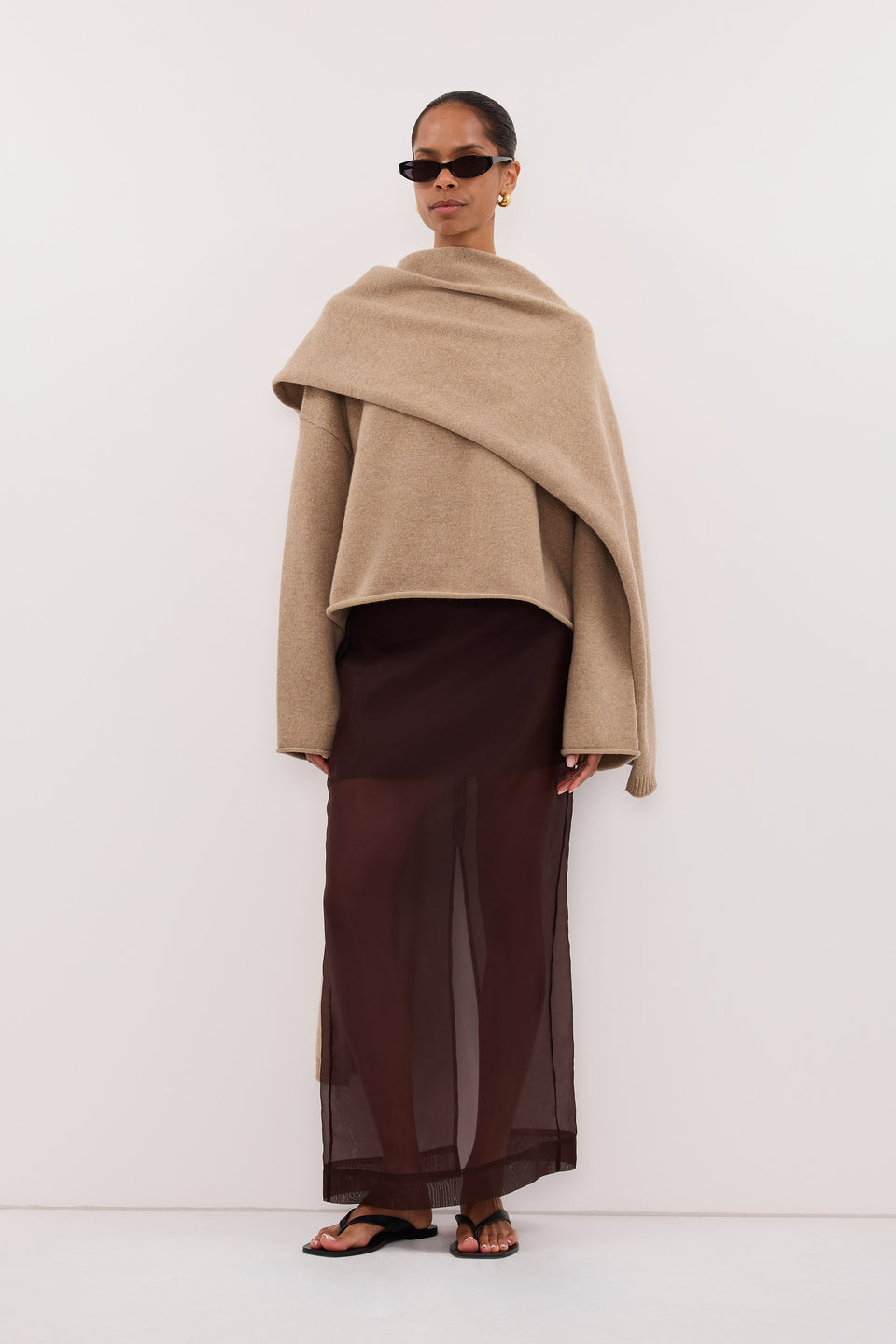 SIAN DARK CHOC SILK ORGANZA MIDI SKIRT