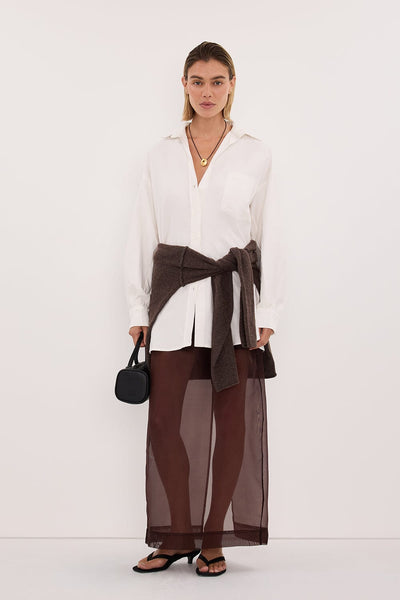 Joanna wearing SIAN DARK CHOC SILK ORGANZA MIDI SKIRT