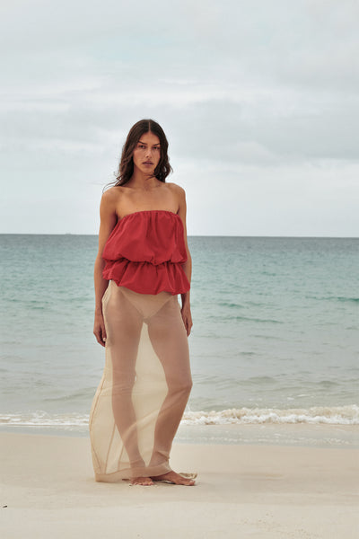 Helena  wearing SIAN GOLD SILK ORGANZA MIDI SKIRT