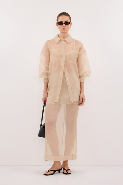 Stas wearing SIAN GOLD SILK ORGANZA MIDI SKIRT