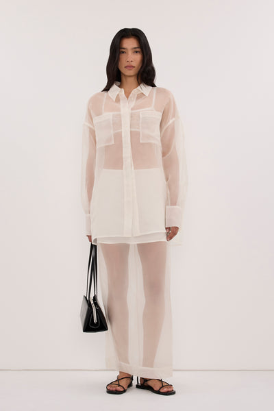 Zoey wearing SIAN IVORY SILK ORGANZA MIDI SKIRT
