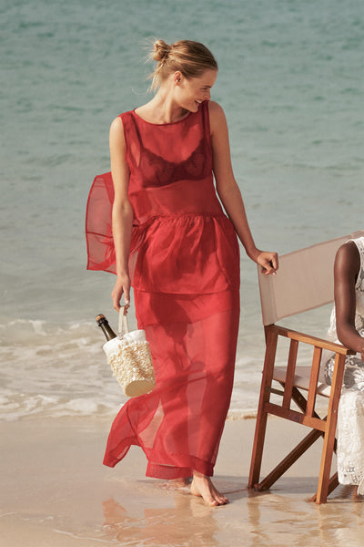 Zoe wearing SIAN RED SILK ORGANZA MIDI SKIRT - PRE ORDER