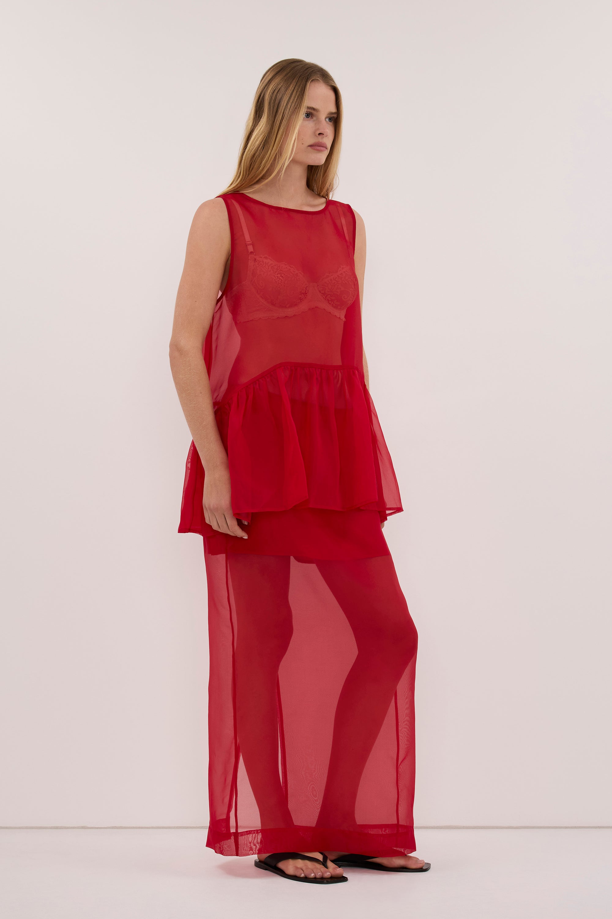 SIAN RED SILK ORGANZA MIDI SKIRT - PRE ORDER