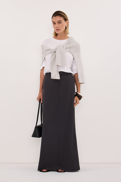 Joanna wearing PARKER GREY TAILORED MAXI SKIRT