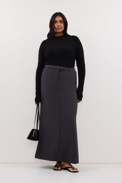 Shanaya wearing PARKER GREY TAILORED MAXI SKIRT