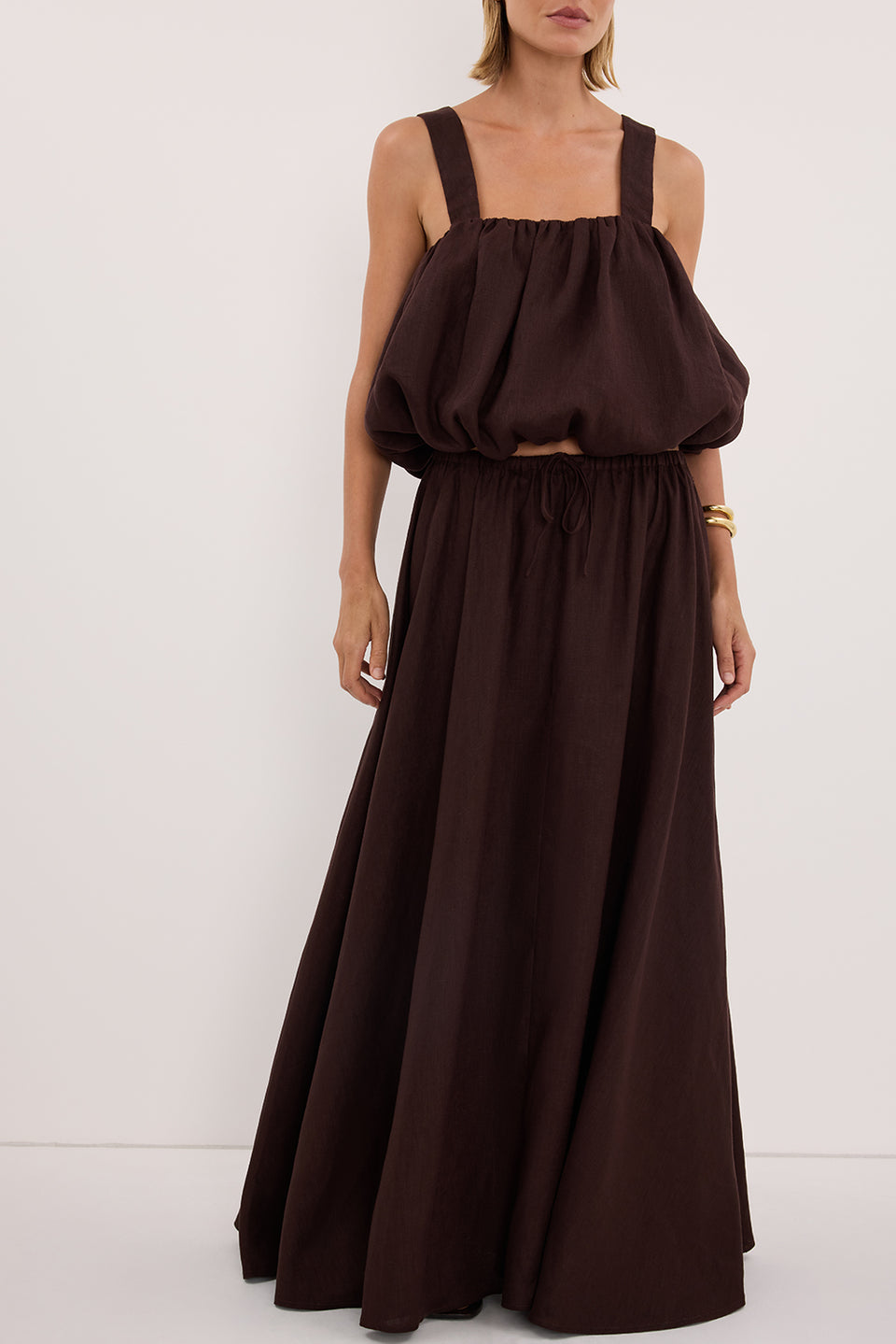 RAVELLO BURNT CHOC LINEN MIDI SKIRT - PRE ORDER Clothing DISSH Boutiques 