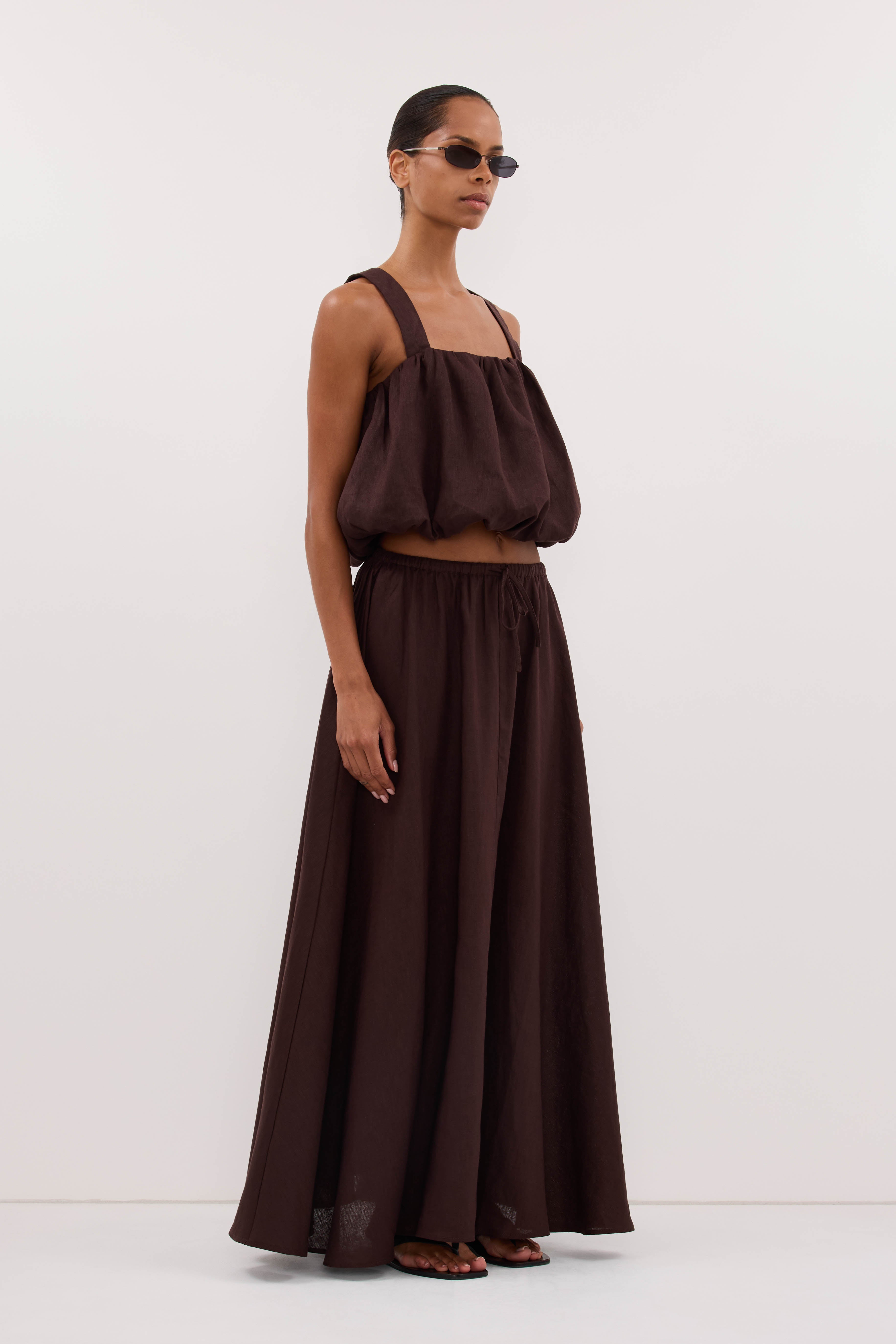 RAVELLO BURNT CHOC LINEN MIDI SKIRT | Dissh