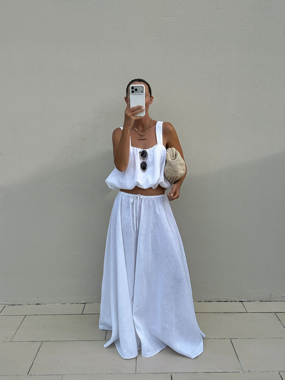 RAVELLO WHITE LINEN MIDI SKIRT