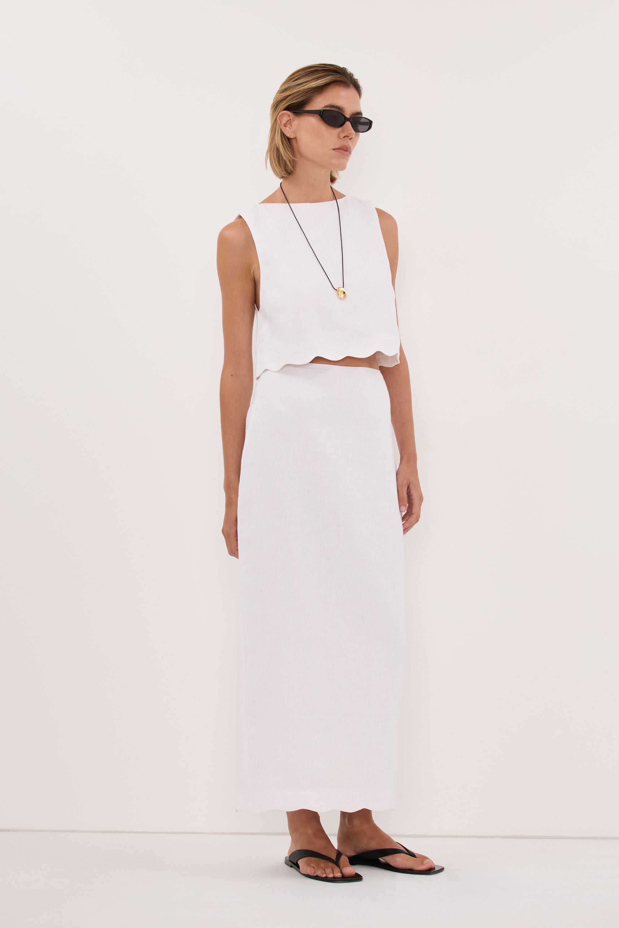 LELA WHITE LINEN MIDI SKIRT