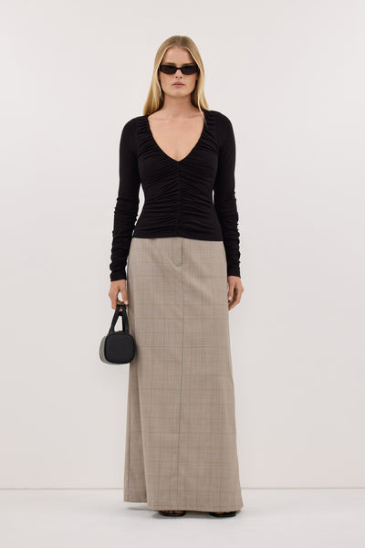 Zoe wearing KALILA ASH A-LINE MAXI SKIRT