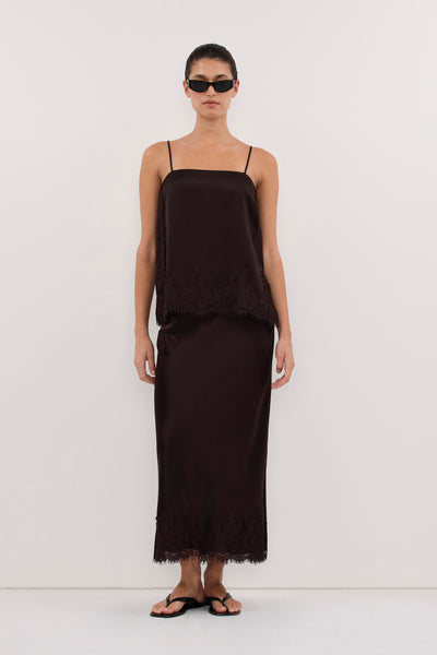 Aude wearing SELENE ESPRESSO SATIN MIDI SKIRT