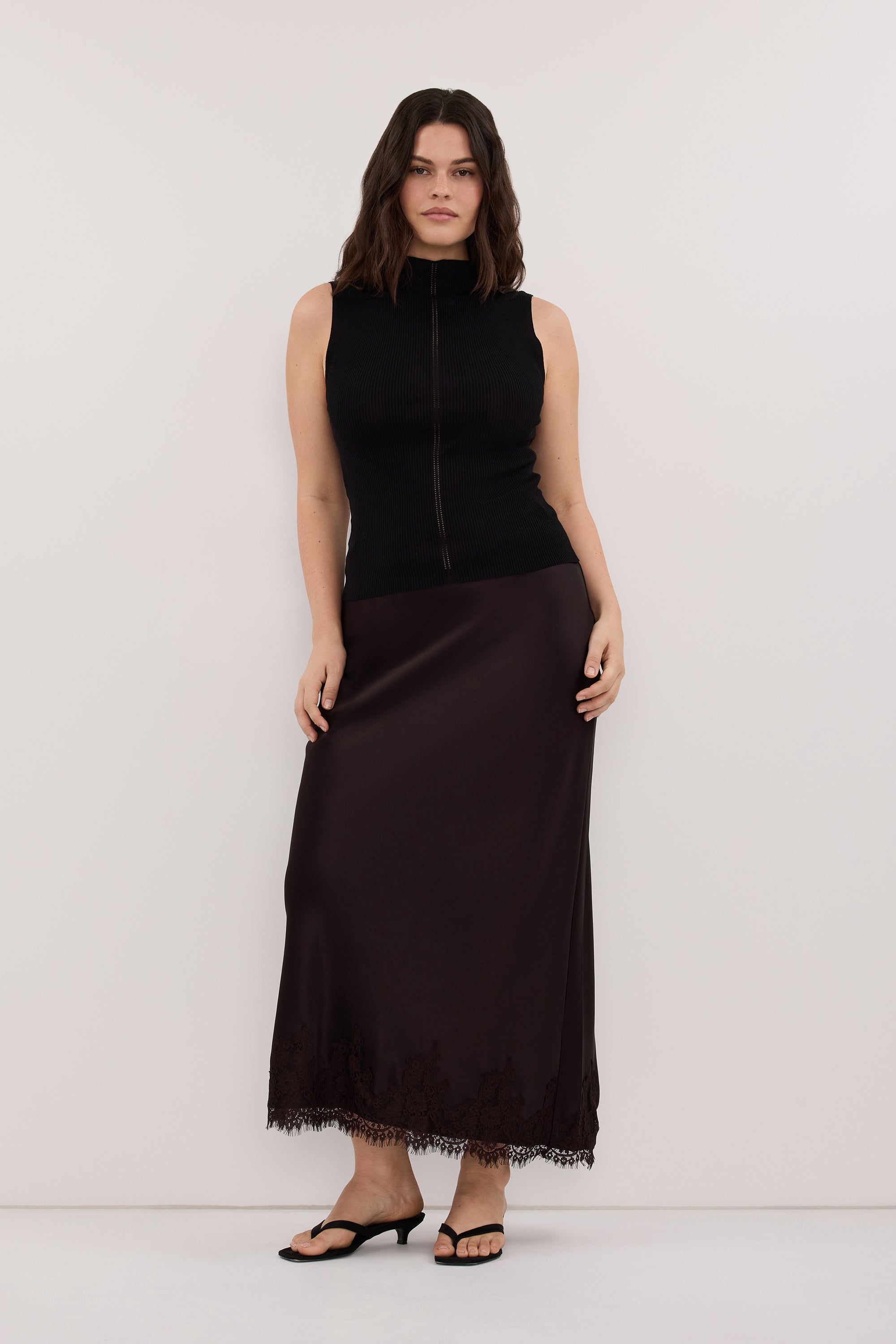 SELENE ESPRESSO SATIN MIDI SKIRT
