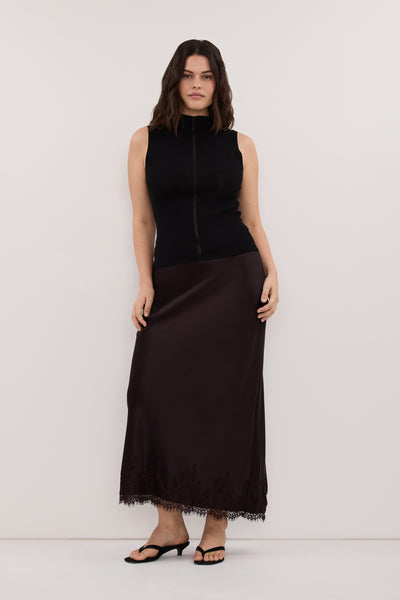 Jasmine wearing SELENE ESPRESSO SATIN MIDI SKIRT
