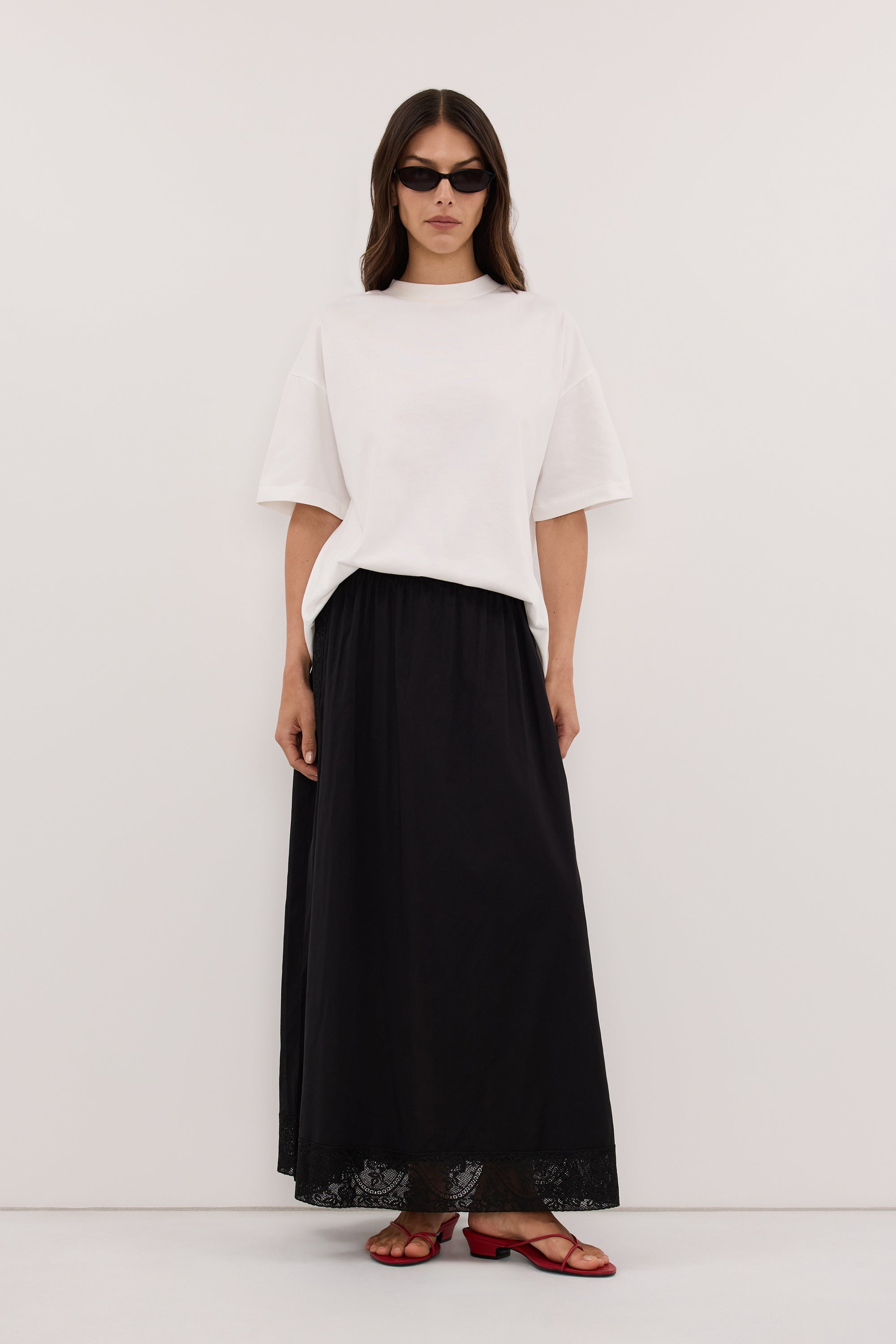 AMOUR BLACK LACE TRIM MIDI SKIRT