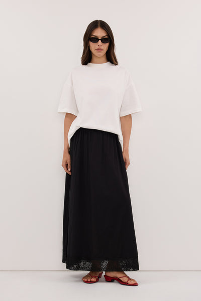 Helena  wearing AMOUR BLACK LACE TRIM MIDI SKIRT