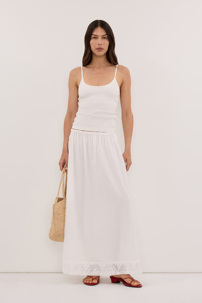 Helena  wearing AMOUR WHITE LACE TRIM MIDI SKIRT