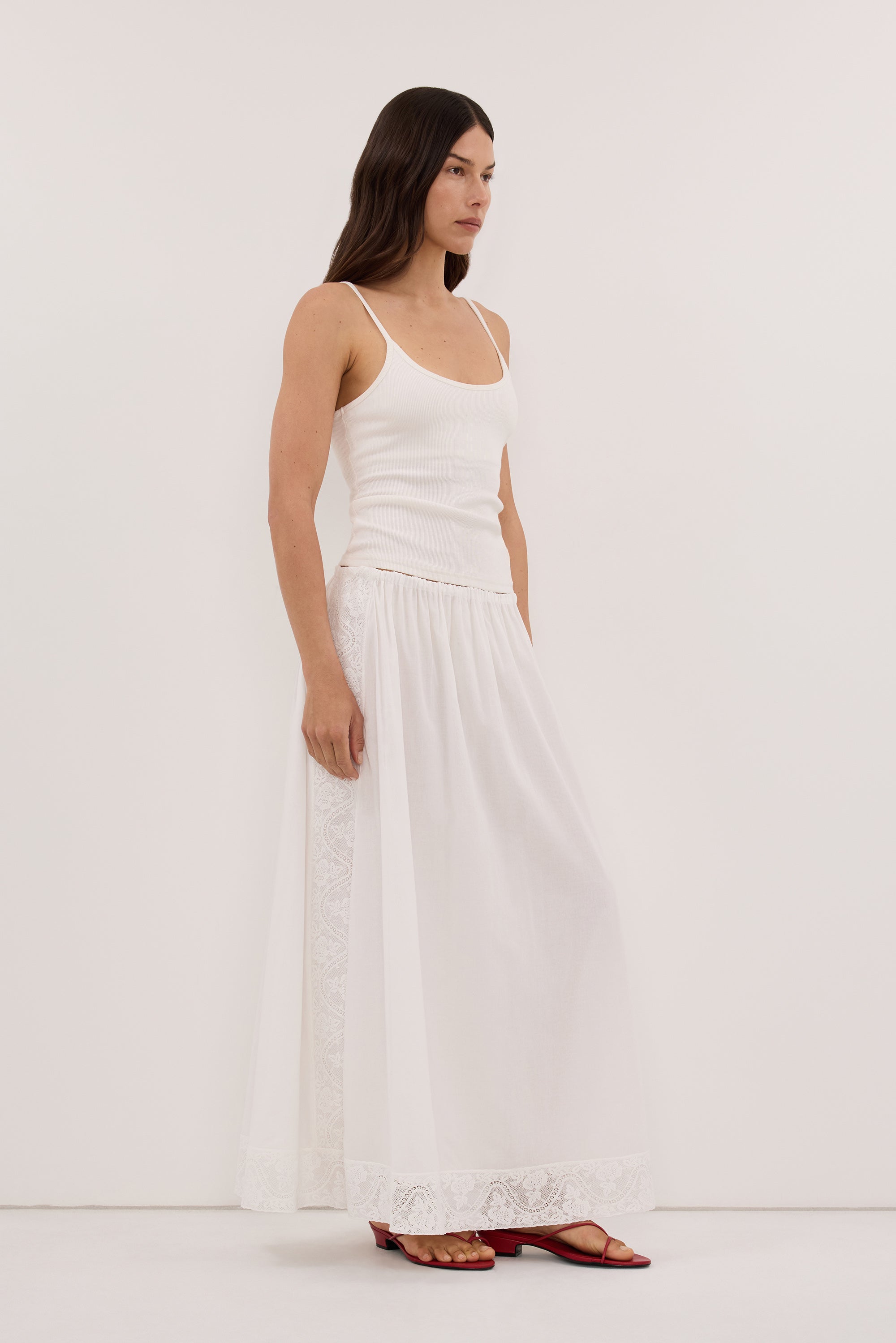 AMOUR WHITE LACE TRIM MIDI SKIRT