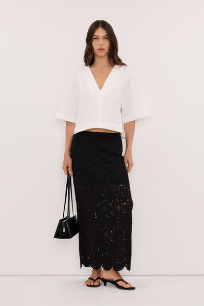 Helena  wearing CLOUDIA BLACK LACE MIDI SKIRT