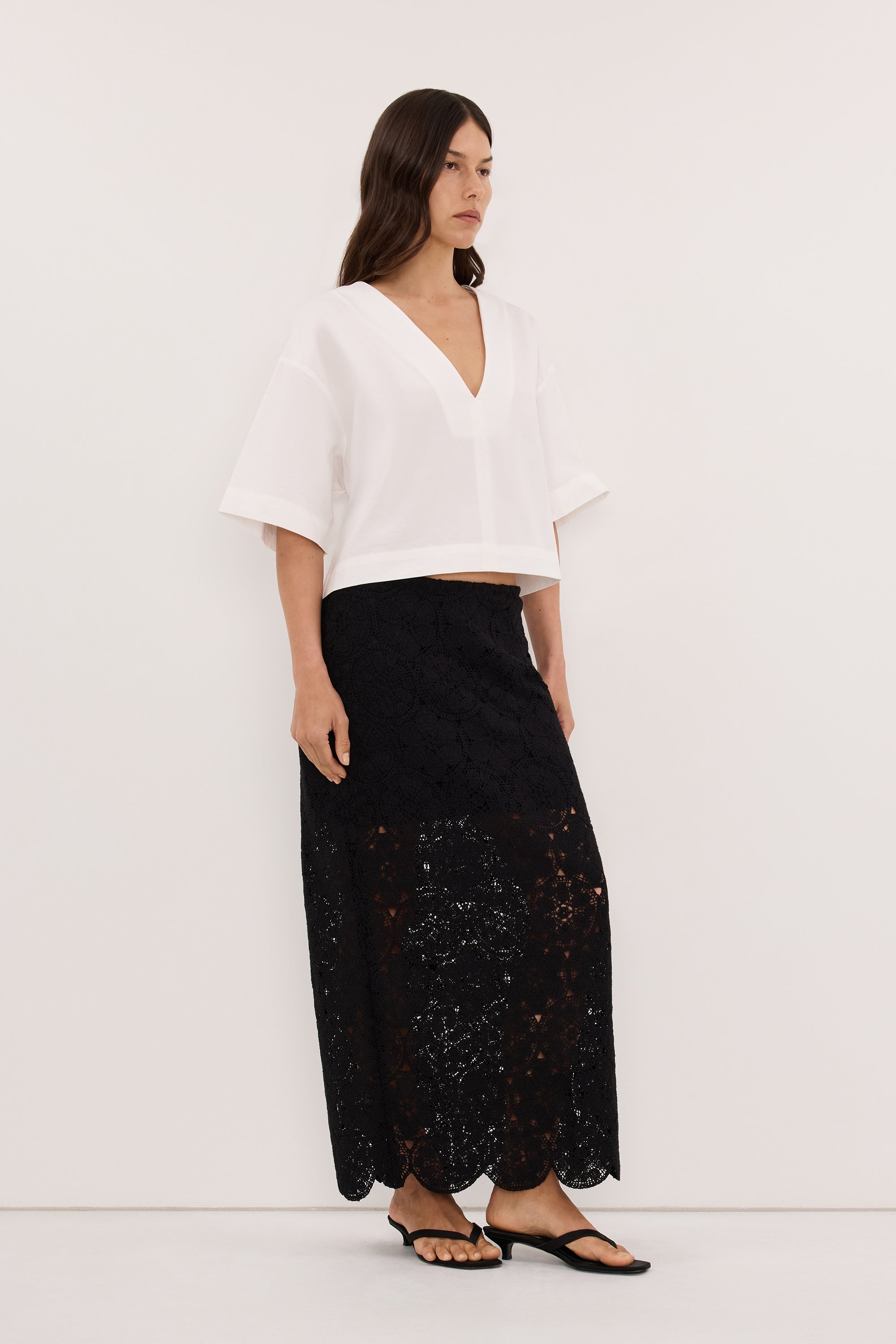 CLOUDIA BLACK LACE MIDI SKIRT