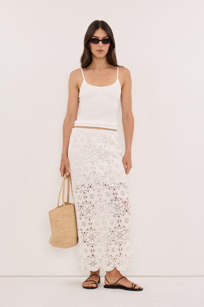 Helena  wearing CLOUDIA MILK LACE MIDI SKIRT