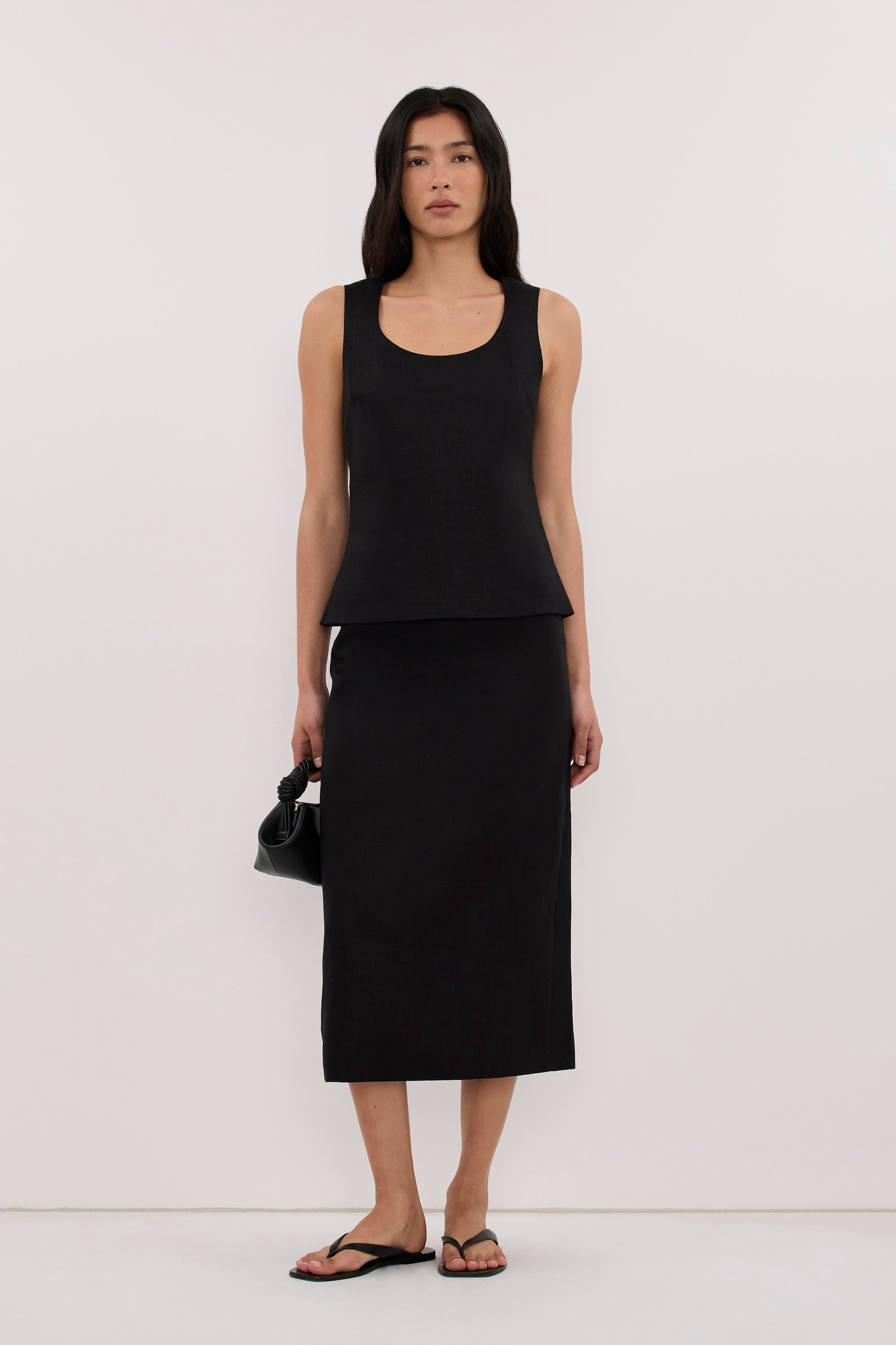 AURELI BLACK LINEN PENCIL MIDI SKIRT