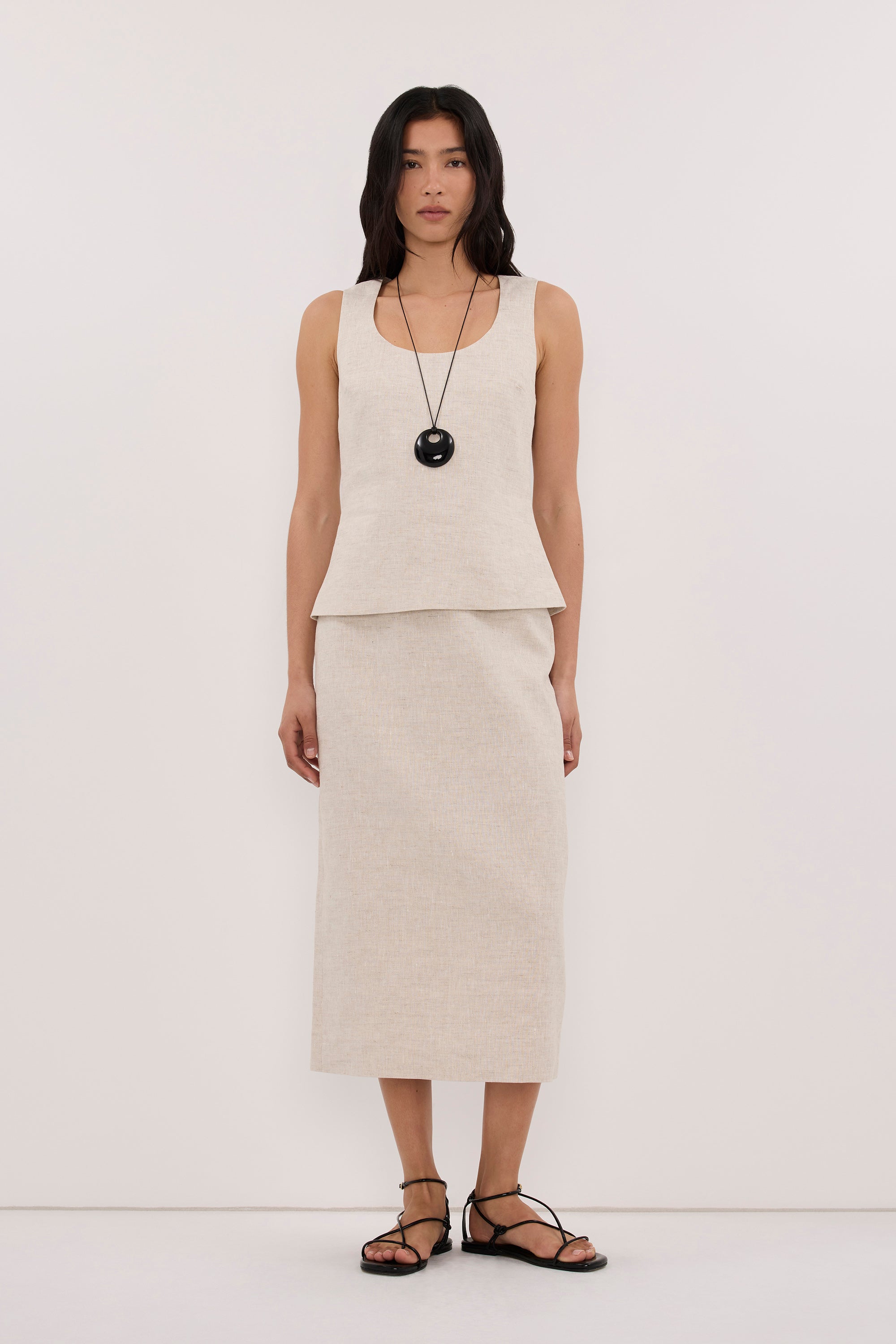 AURELI NATURAL LINEN PENCIL MIDI SKIRT