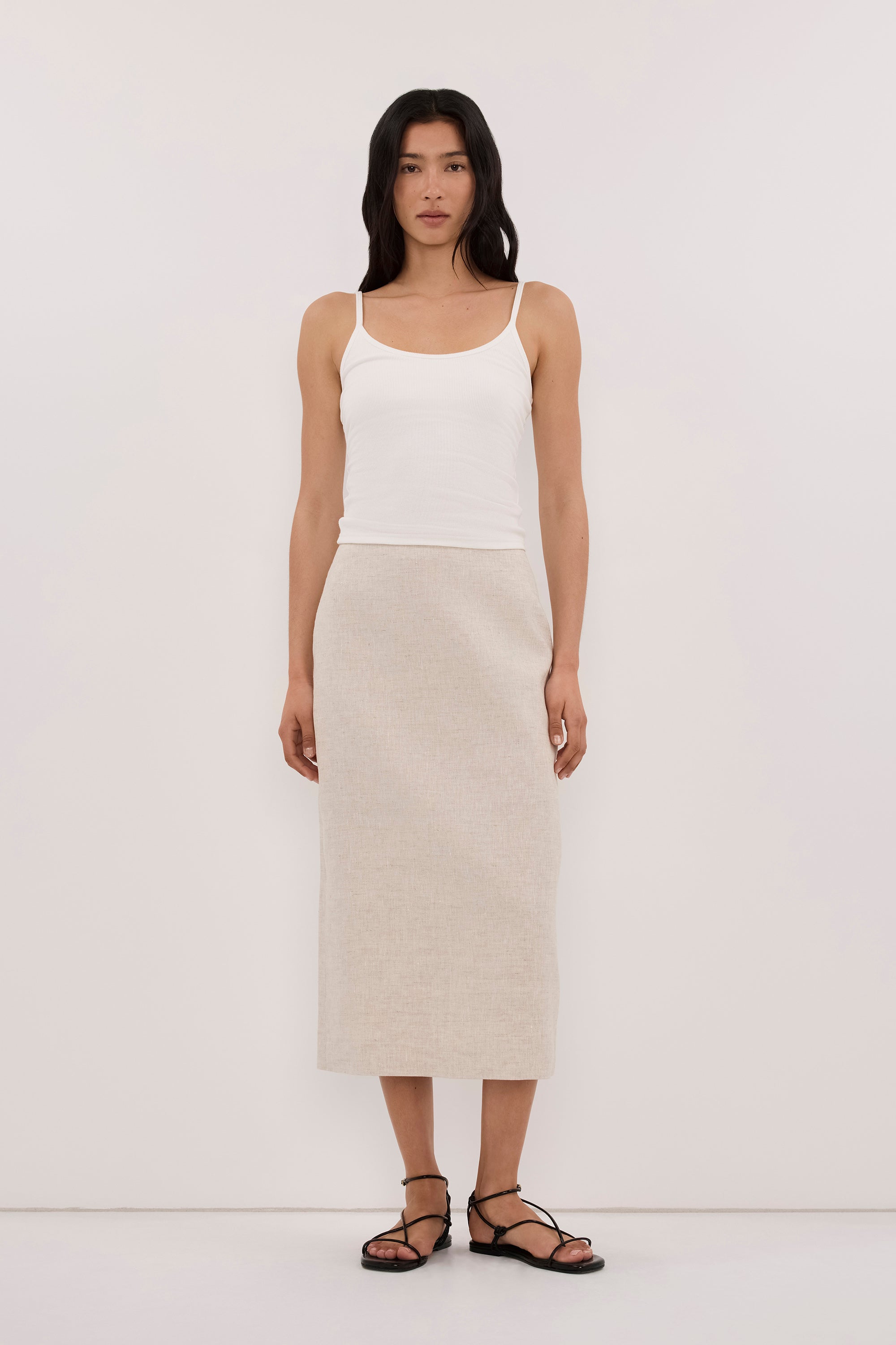 AURELI NATURAL LINEN PENCIL MIDI SKIRT