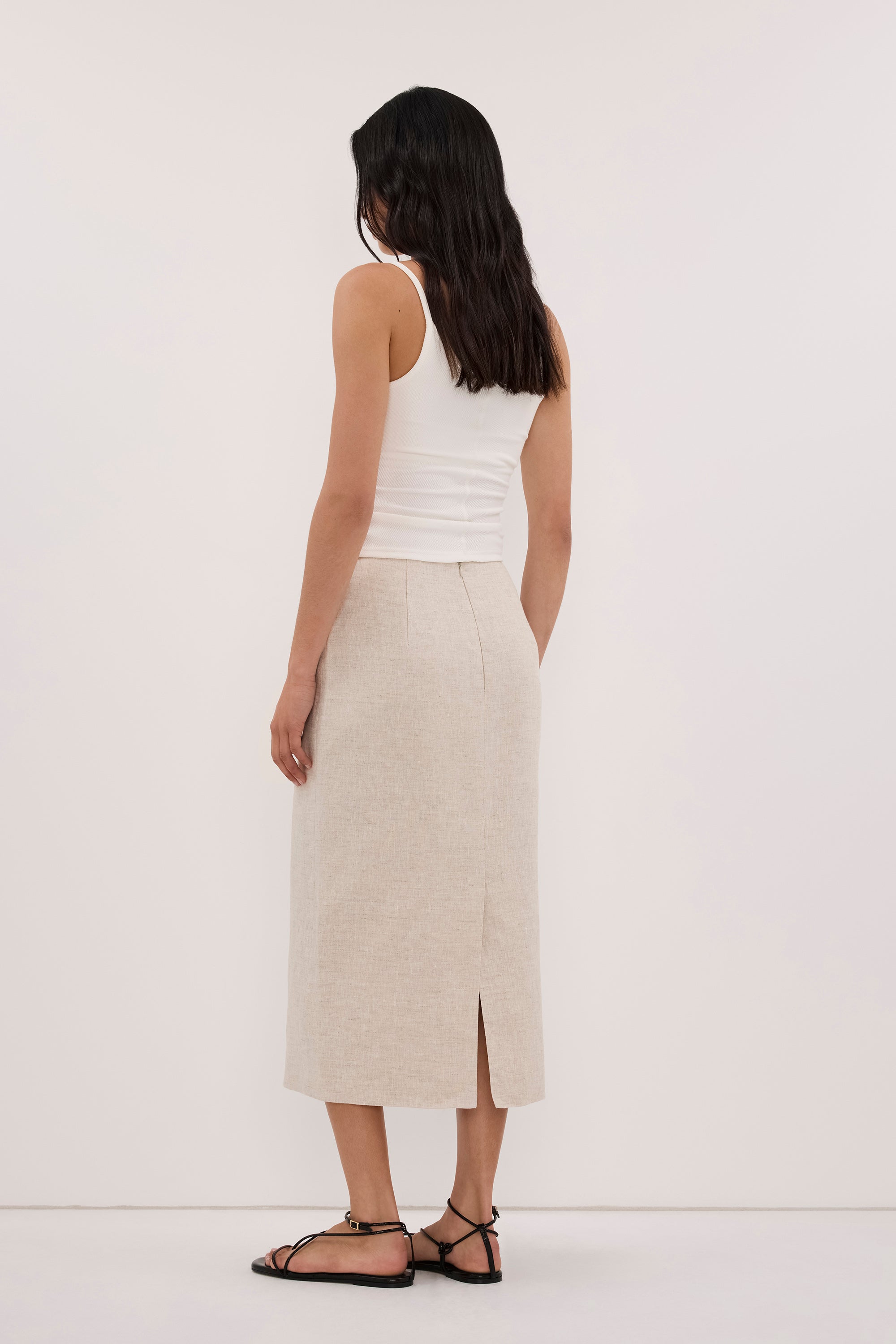 AURELI NATURAL LINEN PENCIL MIDI SKIRT