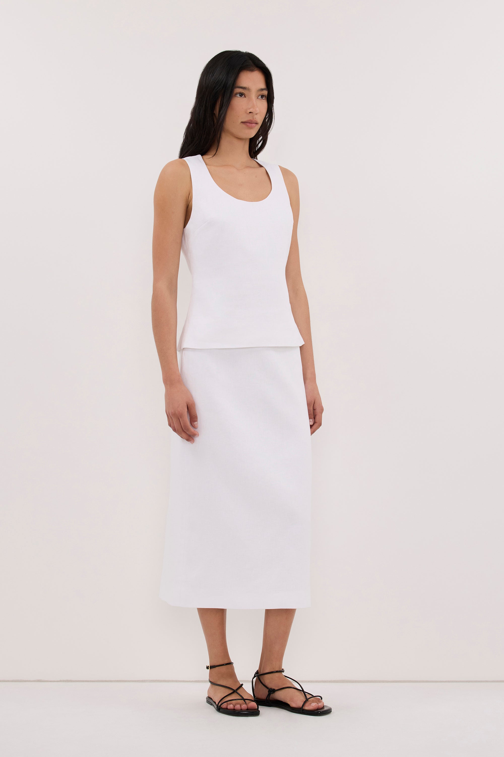 AURELI WHITE LINEN PENCIL MIDI SKIRT