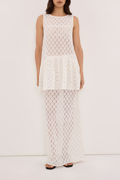 Helena  wearing RENATA WHITE LACE MAXI SKIRT