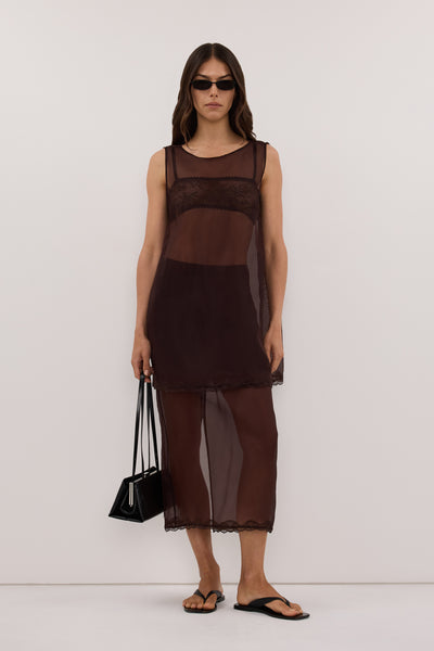 Helena  wearing RAPHAEL DARK CHOC SILK ORGANZA SKIRT - PRE ORDER