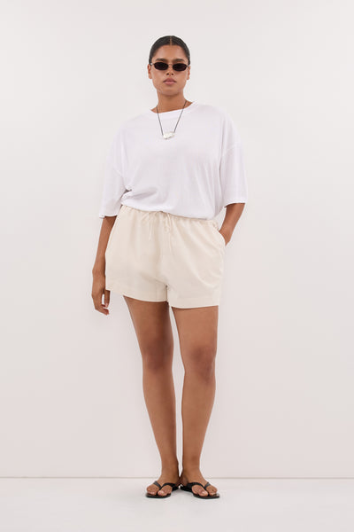 Amanda wearing RORY IVORY LIGHTWEIGHT TRACK SHORT