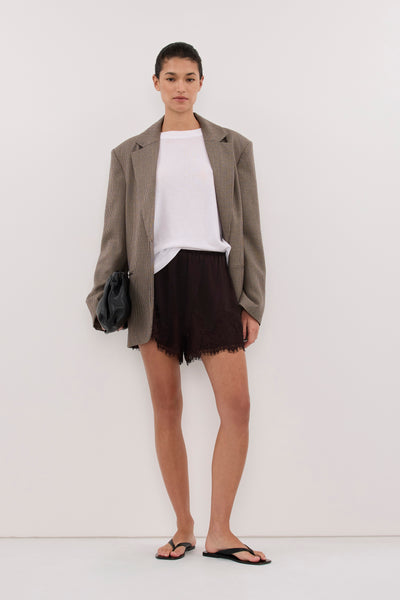 Aude wearing SELENE ESPRESSO SATIN SHORT