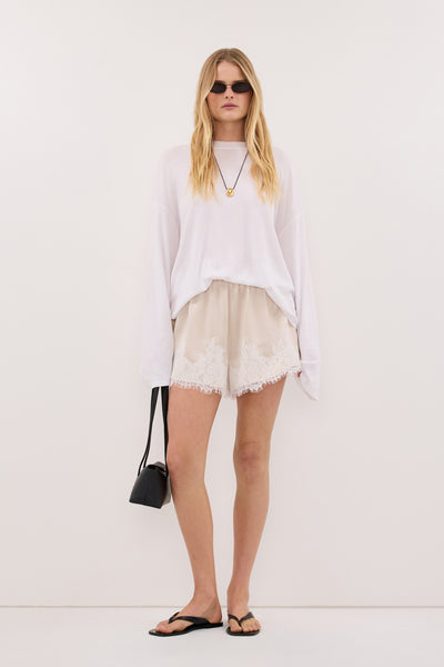 Zoe wearing SELENE OYSTER SATIN SHORT